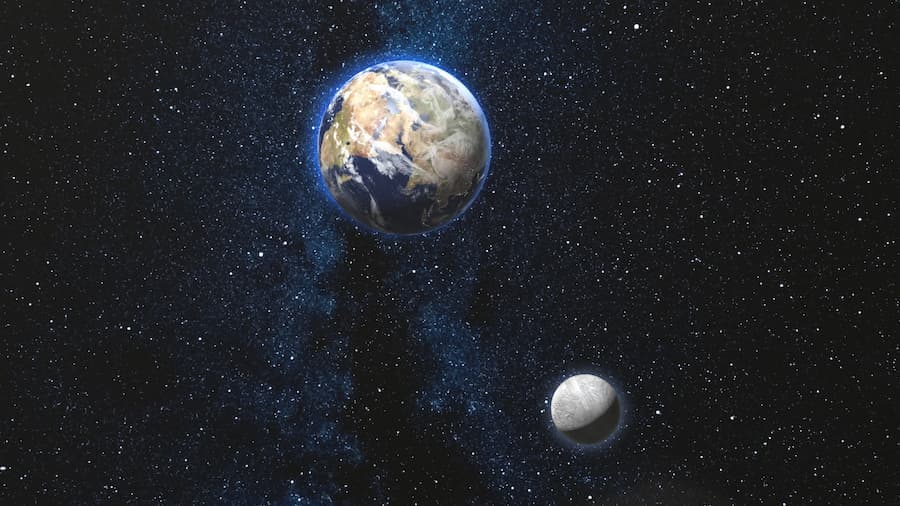 Imagem do planeta terra ao lado da lua