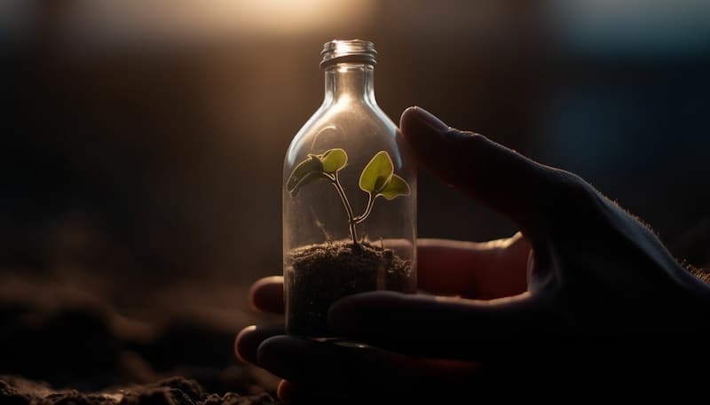 A imagem mostra uma muda de planta crescendo dentro de uma garrafa de vidro transparente, segurada por uma mão. O ambiente ao fundo é desfocado, destacando a planta e a garrafa. A iluminação suave cria um efeito tranquilo e sereno, ressaltando o cuidado e a delicadeza do gesto.
