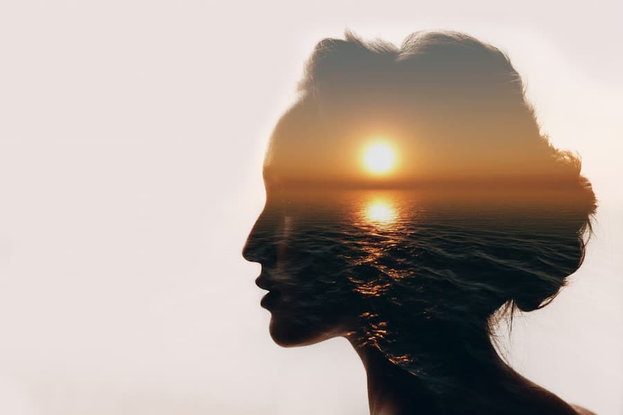 silhueta do perfil da cabeça de uma mulher, imagem de por sol