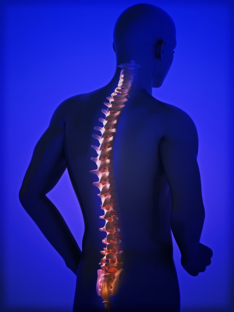 silhueta humana escura com desenho em destaque da coluna vertebral